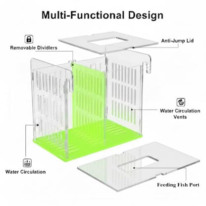 Green Acrylic Aquarium Breeder Box, 7.4x5.3x6.3 in Hang-On Fish Isolation Box with Long Handle Net, Removable Divider & Feeding Hole for Betta Guppy Shrimp Freshwater Saltwater