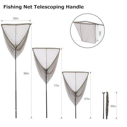Landing Net for Carp Fishing, 32 Inch Large Fishing Net, 6 Feet Telescoping Carbon Fiber Long Handle Saltwater Big Fish, Holds Up to 88lbs/40kgs, Olive Green, Supplied with Carry Bag