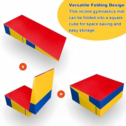 LICOME Folding Incline Gym Mat Tumbling Cheese Wedge Design for Gymnastics, Martial Arts, Dance, Yoga And Stretch Training，After It Can Be Used As A Jumping Box - color: Red Blue Yellow, size: 83x60x35cm