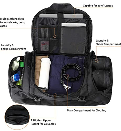 Ubon Convertible Duffel Backpack Weekender Gym Bag with Shoe Compartment - color: Black, size: 45L