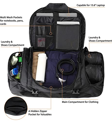 Ubon Convertible Duffel Backpack Weekender Gym Bag with Shoe Compartment - color: Black, size: 80L