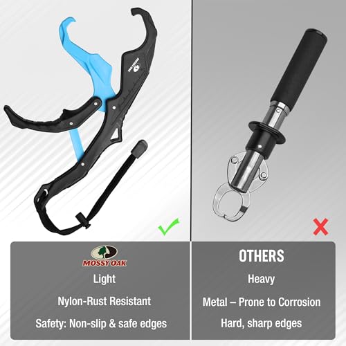 Mossy Oak 10.5'' Fishing Lip Gripper, Lightweight Nylon & Fiberglass Fish Grabber with Lanyard, Non-Slip Handle for Freshwater & Saltwater Fishing, Great Holder for Bass & Catfish - size: 1pc
