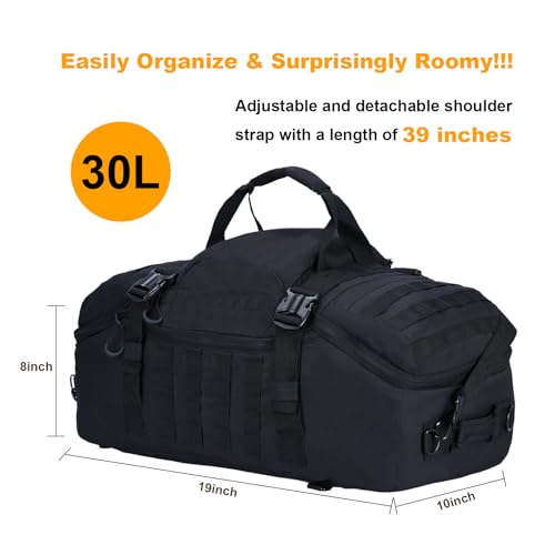 3 in 1 Tactical Travel Duffel Bag Backpack, Heavy Duty Military Gym Bag - color: Black, size: 30L,(19x10x8)Inches