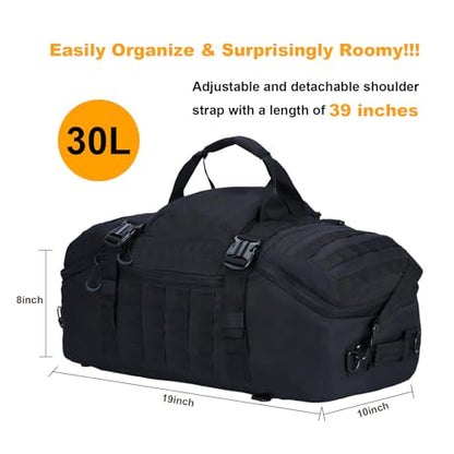 3 in 1 Tactical Travel Duffel Bag Backpack, Heavy Duty Military Gym Bag - color: Black, size: 30L,(19x10x8)Inches