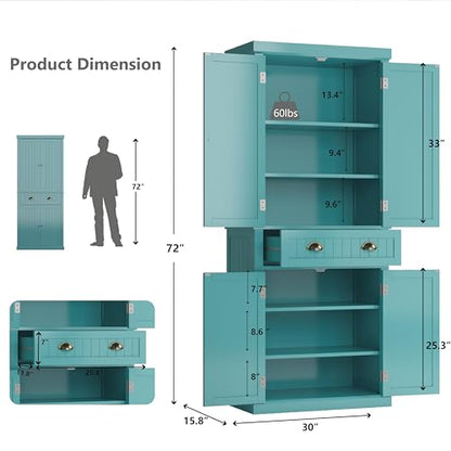 72" Kitchen Pantry,Tall Storage Cabinets with Doors and Shelves,Freestanding Pantry Cabinet for Bathroom,Dining Room and Living Room (Turquoise Blue) - color: Turquoise Blue