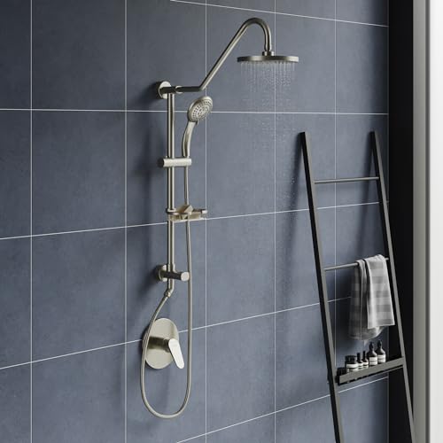 PULSE ShowerSpas Kauai III Brushed Nickel Rain Shower Head with Handheld Spray - 2.5 GPM, 8" Showerhead, 5-Function HandShower, Adjustable Slide Bar - Shower Heads with Handheld Spray Combo - size: 2.5 Gallon Per Minute, style: Brushed Nickel