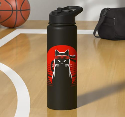 Japanese Cats Lovers And Cool Fighting Ninja Cat Fighter Stainless Steel Insulated Water Bottle - color: Black
