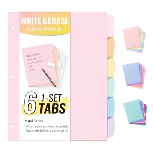 Sooez 6-Tab 3 Ring Binder dividers with tabs, Durable Plastic Write & Erase Tab Dividers for 3 Ring Binder, Aesthetic Cute Binder Dividers for Student, Teacher, Office, Home Organizers, 1 Sets - color: Pastels, size: 1 set