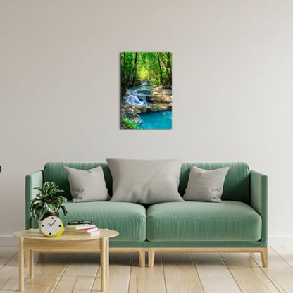 iKNOW FOTO 16x24 Single Piece Canvas Wall Art Nature Landscape Pictures Green Forest Waterfall Poster Canvas Prints Framed Artwork Spa Bathroom Bathroom Room Decor
