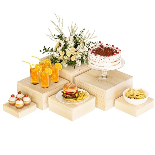 Wooden Display Risers,6PCS Jewelry and Accessories Risers for Jewelry Figurine 5in to 10in For Buffet Party Rustic Wood Cake & Cupcake Stands& Decor (Natural, 5IN to 10IN)