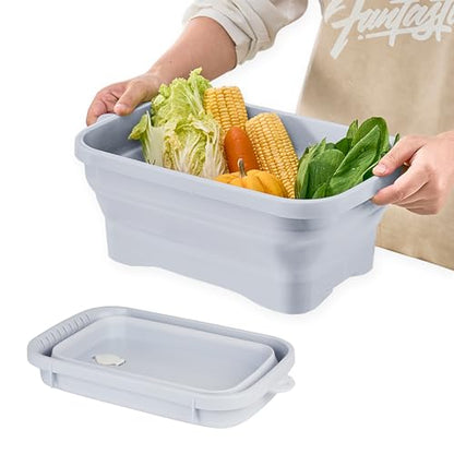 Collapsible Dish Pans, 2Gal (7.5L) Capacity, Plastic Dish Tub Dishpan for Kitchen Sink with Drainage Hole, Foldable Small Wash Basin for Kitchen, Camping, Travel (Light Blue)