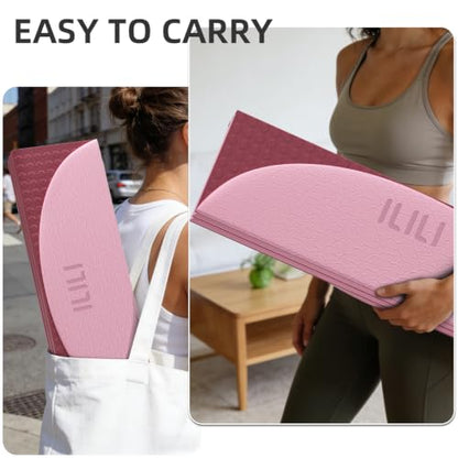 ILILI Foldable Yoga Mat, 10mm Thick, 75x26 Inch Extra Long, Exercise Mat - color: Light Pink+Rose Pink