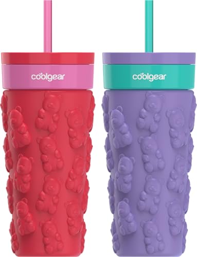 COOL GEAR 20oz Go Grip Tumbler, Valentine’s Day Gummy Bear Pattern Reusable Travel Mug, BPA Free Lid, Hot and Cold Beverages 2 Pack - PURPLE/RED - color: PURPLE/RUBY