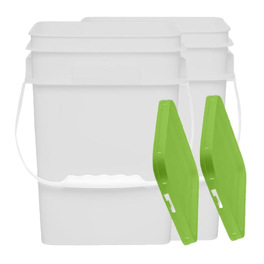 4 Gallon White Plastic Buckets with Green Lids - Square Base for Easy Storage - Pack of 2