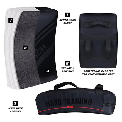 Kick Shield Muay Thai Kick Pads– Leather Thai Pads with Curved Shape for Martial Arts Training Thick Padding Coaching Gear for MMA, Boxing, Fitness Training & Fighting Sports - color: Black