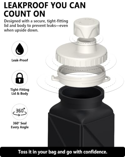 BEAUTAIL Collapsible Water Bottles 21oz/610mL, Silicone Travel Water Bottle | BPA Free, Leakproof & Reusable, Foldable Water Bottle for Traveling, Hiking, Gym, School, Sports, Outdoor, 1-Pack, Black - color: Black