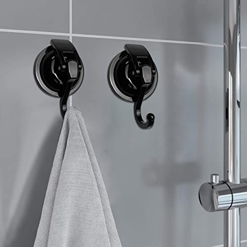 Heavy Duty Suction Cup Hooks for Shower, Bathroom Robe, Garland Decoration - Vacuum Glass Hooks, Reusable, No Hole Punched (Black, 4 Pack)