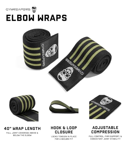 Gymreapers Weightlifting Elbow Wraps (1 Pair) - Flexible 40'' Elbow Compression Strap & Joint Support Brace - for Bench Press, Powerlifting, and Pressing - color: Green