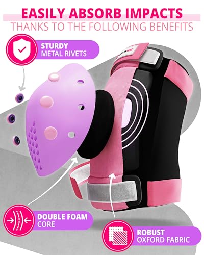 SKATEWIZ Skateboard Pads Protective Gear Set for Kids and Adults - Smash - Roller Skate Pads [6pc] with Wrist Guards - Skating Protective Gear - Roller Derby - color: Pink Purple, size: M/L - Kids/Teens