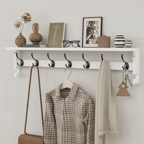 AMBIRD Coat Rack Wall Mount, 35 Inch Large Coat Hooks Wall Mounted with 7 Dual Metal Hooks and 2 Side Hooks, Wall Hooks with Shelf in Entryway, Kitchen, Living Room, Bathroom, Bedroom (White) - color: White, size: 7+2 Hooks 35" L