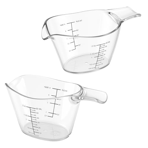 2 Pcs 2 Ounce Small Measuring Cups with V-Shaped Spout, 60ml Clear Mini Measuring Cup with tsp/Tbsp/oz/ml Markings, Clear Easy-Read Markings Scale for Kitchen, DIY Mixing, Beauty Mixings