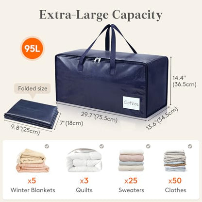Lifewit 4 Pack Large Moving Bags with Lids, Clothes Storage Bags with Strong Zipper & Reinforced Handles, Heavy Duty Packing Cubes for Moving Supplies, Clothes, Blankets (Dark Blue)