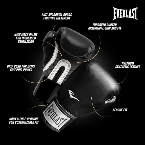 Everlast Prostyle 2 Boxing Gloves, Entry Level Training Gloves for Men and Women, Secure Fit Hook and Loop Closure & Ventilation, Heavy Bag & Speedbag Training - color: Black, size: 14 oz