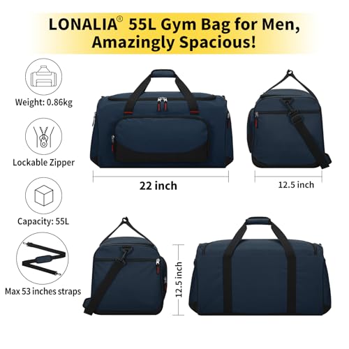 55L Large Sports Duffle Bag for Men, 22 inch, Navy Blue - color: Navy Blue