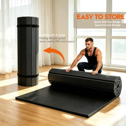 5'x10' Wrestling Mat, 1.2in Thick Roll-Up Jiu Jitsu Home Gym Mat - color: Black