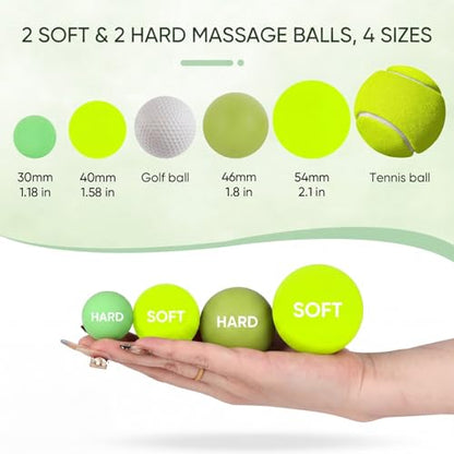 2 Soft 2 Hard Massage Lacrosse Balls, 4 Sizes for Myofascial Release