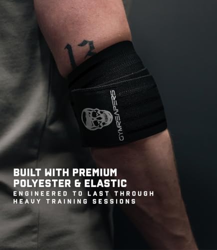 Gymreapers Weightlifting Elbow Wraps (1 Pair) - Flexible 40'' Elbow Compression Strap & Joint Support Brace - for Bench Press, Powerlifting, and Pressing - color: Black