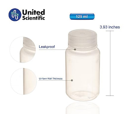 United Scientific™ Sample Bottle, 4 oz Bottles with Lids, Polypropylene Small Liquid Containers, Leak-Proof Wide Mouth Reagent Bottle, Pack of 12 (125ml) - size: 4 oz (Pack of 12)