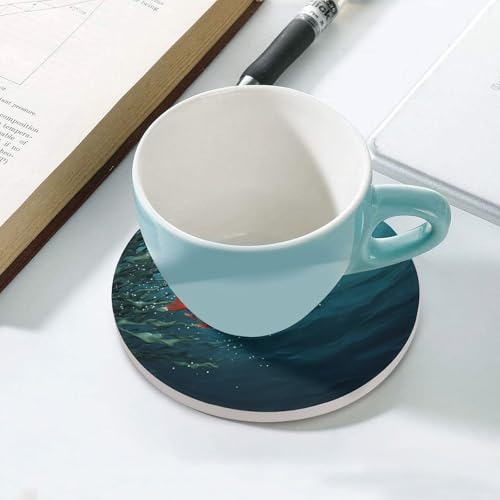 Drink Coasters Set of 6 Absorbent Round Ceramic Coasters for Coffee Fish Aquarium Table Coasters with Cork Base Tabletop Protection Mat for Home Office Kitchen