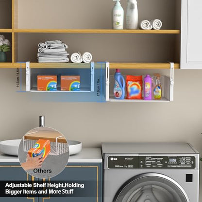 2Pack Under Shelf Basket Organizer,Adjustable Hanging Holder for Cabinet Pantry Kitchen Cupboard Desk Counter Bookshelf Organization Add-on Space Saver Heavy Duty Slide-in (White, Large)