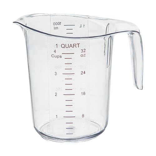 Restaurantware RW Base 1 Quart Measuring Jar 1 Durable Measuring Beaker - Metric And Imperial Units V-Shaped Spout Clear Plastic Measuring Cup Handle With Thumb-Grip Tolerates Up To 248F - color: Clear, size: 6.50" × 4.75" × 6.00"