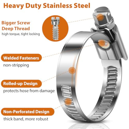 Heavy Duty Hose Clamp, Stainless Steel Hose Clamps Assortment for 1/4 Inch to 1-1/2 Inch Hose Pipe,100 PCS Small Worm Gear Hose Clamp Kit for Fuel Line Radiator Coolant Plumbing Automotive