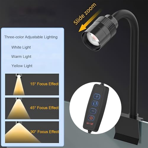 Zoom Mini Aquarium Spotlight with Timer – Gooseneck Clip-On Lamp, 15°–90° Zoom Beam, Tri-Color White/Warm White/Warm Light, Full Brightness Dimming (Black - NO Timer) - color: Black - NO Timer