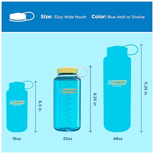 Nalgene 32 oz Wide Mouth Water Bottle, Thrill & Motion, Blue Atoll w/Endive - color: Blue Atoll w/ Endive, size: 32 Ounces