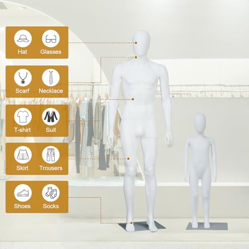 J-Sun-7 Mannequin Full Body - Male Kids Mannequin, Adjustable Manikin Body with Metal Base, Retail Mannequins Dress Form for Clothes, White - size: Male+Kids