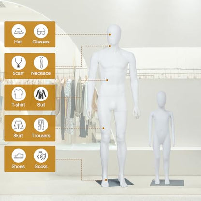 J-Sun-7 Mannequin Full Body - Male Kids Mannequin, Adjustable Manikin Body with Metal Base, Retail Mannequins Dress Form for Clothes, White - size: Male+Kids