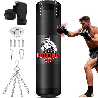 Punching Bag for Adults, 4FT PU Heavy Boxing Bags with Chain Ceiling Hook - style: Fighter