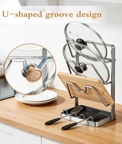 3-Tier Stainless Steel Pot Lid Holder, Extra Wide U-Shaped Kitchen Organizer Rack with Removable Drip Tray, No Plastic Silver(Fits Lids Up to 12 Inches) (Silver) - color: Silver