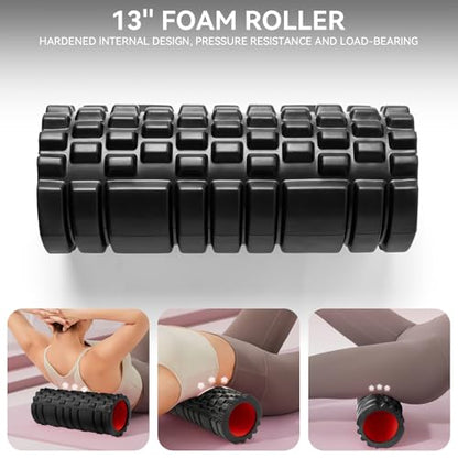 Krightlink 5-in-1 Foam Roller Set High Density Deep Tissue Muscle Massage | Muscle Recovery Kit Exercise Roller, Massage Ball, Resistance Band & Carry Bag for Physical Therapy & Pain Relief Black - color: Pure Black