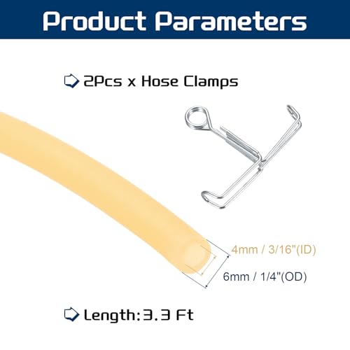 PATIKIL 3.3 Ft(1M) Natural Latex Rubber Tubing, 3/16"(4mm) ID x 1/4"(6mm) OD Sling Shot Rubber Tubing Tube with Hose Clamps for Exercise, Stretching, Laboratory, Home Hose Tube - size: 4mm ID x 6mm OD