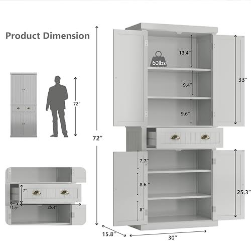 72" Kitchen Pantry,Tall Storage Cabinets with Doors and Shelves,Freestanding Pantry Cabinet for Bathroom,Dining Room and Living Room (Smog Grey) - color: Smog Grey