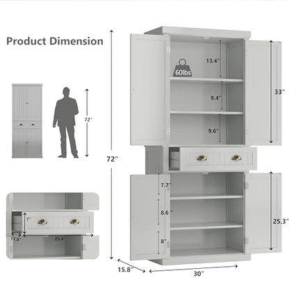 72" Kitchen Pantry,Tall Storage Cabinets with Doors and Shelves,Freestanding Pantry Cabinet for Bathroom,Dining Room and Living Room (Smog Grey) - color: Smog Grey