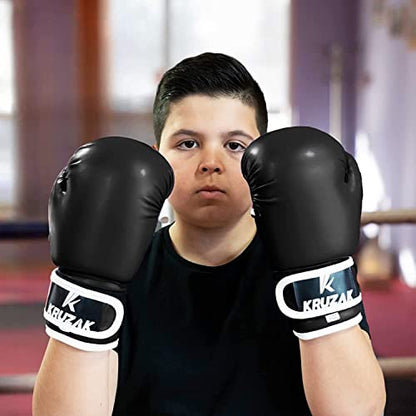 Kruzak Boxing Gloves for Kids 5-10 Years Training, Sparring, Kickboxing, Muay Thai, Martial Arts & MMA Fighting - Boys & Girls Punch Bag Mitts Training - color: Black, size: 6 oz