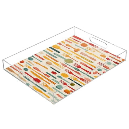 Acrylic Tray Clear Serving Vanity Ottoman Bathroom Coffee Table Countertop Organizer Raised Edge Spill Proof Cartoon Knives Forks Spoons - color: Cartoon Knives Forks Spoons