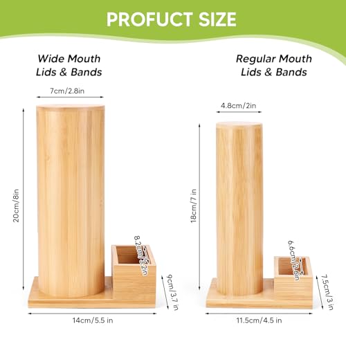 2PCS Mason Jar Lid Organizer & Holder (Wide Mouth & Regular Mouth) Bamboo Ball Jar Wooden Storage Accessories for Home Kitchen Organization Fit Mason/Canning/Bamboo Lids, Holds 20 Lids & 20 Rings