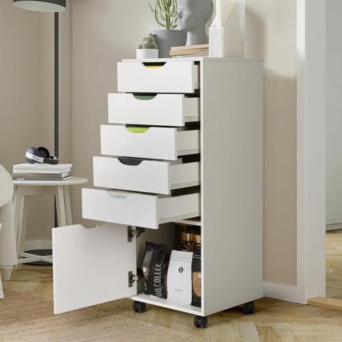 TUSY Mobile File Cabinet, 5-Drawer Storage Cabinet, Vertical Rolling Storage Organizer Chest with Wheels & Anti-Tip Kit, for Home Office, Craft Room, Bedroom, White